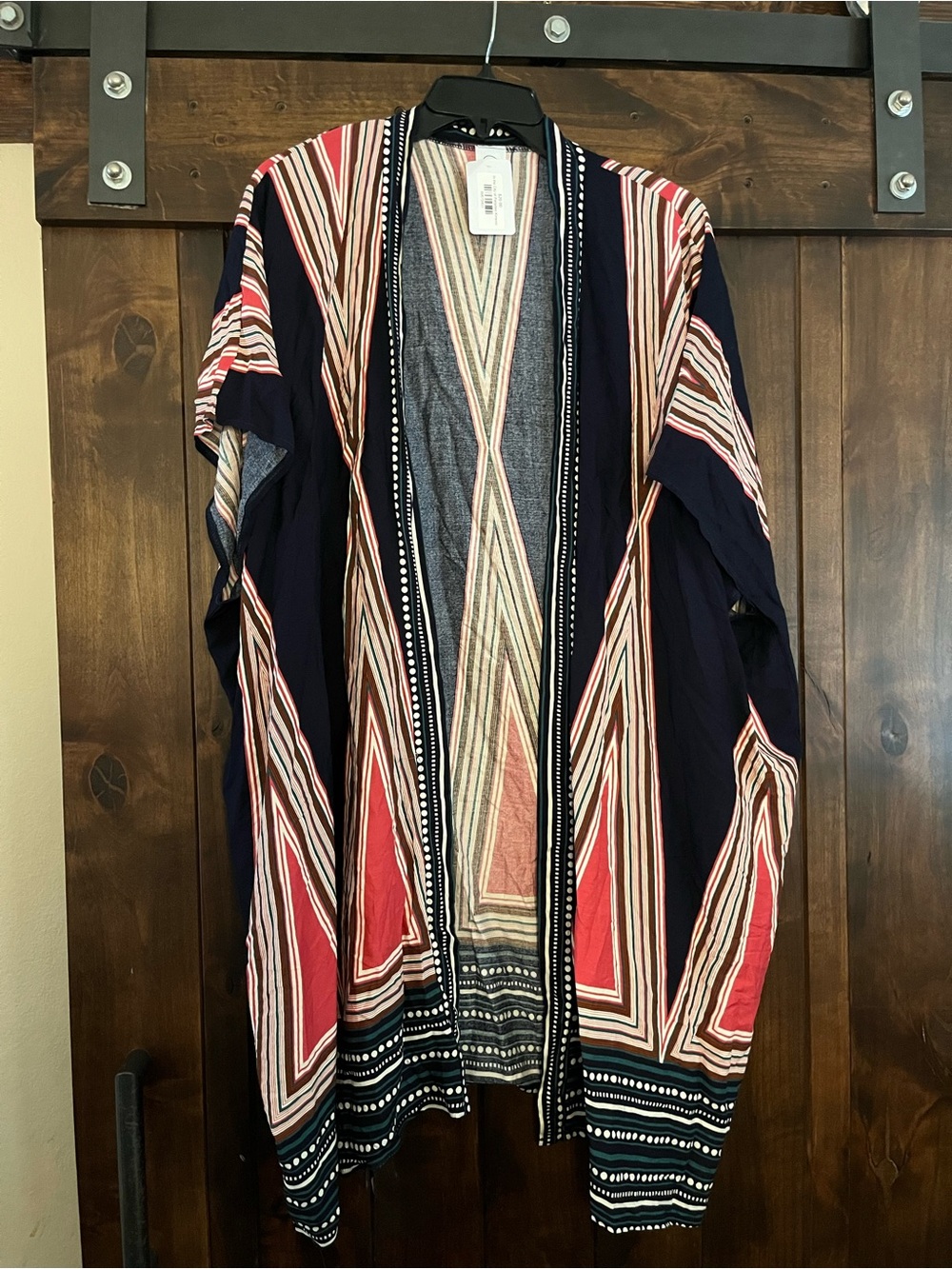 Striped Open-Front Kimono Cardigan - Navy & Coral